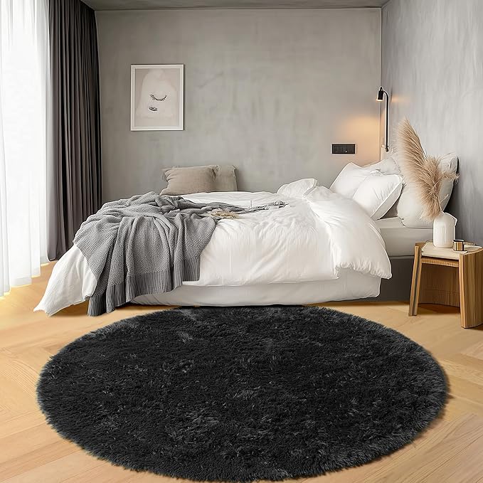 ONASAR Black Round Area Rugs 6ft, Ultra Soft Bedroom Circle Rug for Kids Girls Boys Teen Room, Fluffy Plush Shaggy Carpet Floor Mats for Baby Nursery Living Room Playroom Dorm Home Decor