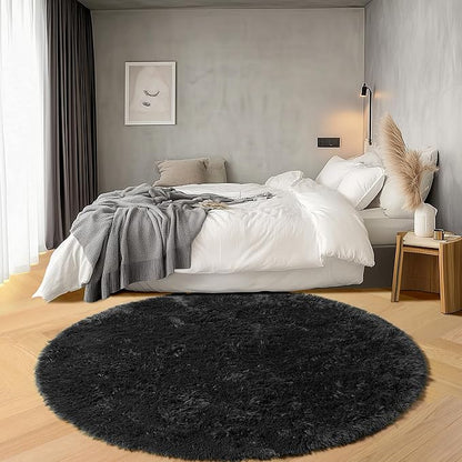 ONASAR Black Round Rugs 8ft for Living Room, Fluffy Bedroom Circle Area Rug, Soft Plush Fuzzy Shaggy Carpet Mat for Kids Girls Boys Teen Nursery Dorm Classroom Home Office Decor Aesthetic