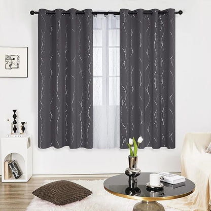 Deconovo Grey Blackout Curtains for Living Room, Thermal Insulated Soundproof Drapes, Wave Dots Foil Print, 52 x 72 Inches Long, 2 Panels, Machine‑Washable Window Panel for Bedroom Nursery Office