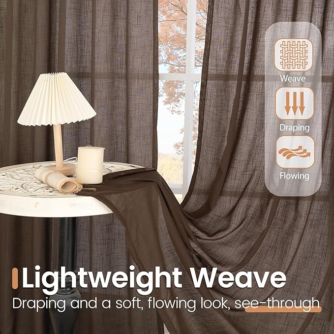 BGment Linen Curtains 54 Inch Length for Window, Brown Semi Sheer Drapes Light Filtering Textured for Living Room Kitchen Bathroom Decor Rod Pocket, 2 Panels Set, Each 42 Inch Wide