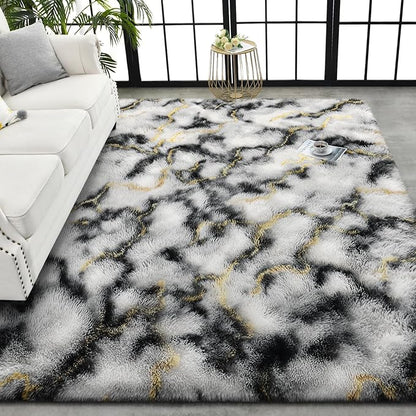TWINNIS Super Soft Shaggy Rugs Fluffy Carpets, 5x8 Feet, Indoor Modern Plush Area Rugs for Living Room Bedroom Kids Room Nursery Home Decor, Upgrade Anti-Skid Rectangular Fuzzy Rug, Grey Gold