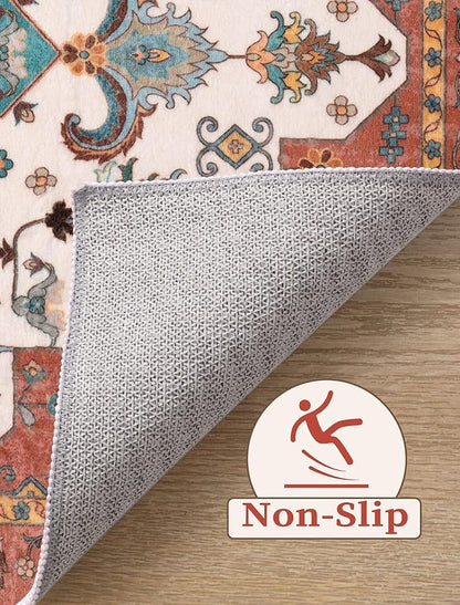 SERISSA Boho Washable Runner Rug, 2x6 Rug Non-Slip Vintage Orange Hallway Kitchen Runner Rug Ultra Soft Print Distressed Floor Carpet for Bedroom Bathroom Laundry Living Room