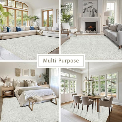 Washable Rugs 8x10 Area Rugs for Living Room,Bedroom,Dining Room- Large Ultra Soft Faux Wool Retro Carpets,Non Slip&Non-Shedding Low Pile Vintage Carpet for Home Office,Concrete Grey