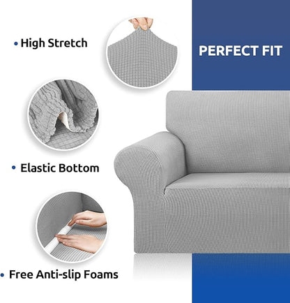 KEKUOU Stretch Sofa Cover Slipcover ，Couch Covers for 3 Cushion Couch Sofa pet Friendly (78"-94") Furniture Protector Sofa with Elastic Bottom for Kids,Dog, Jacquard Small Checked(Large,Silver)