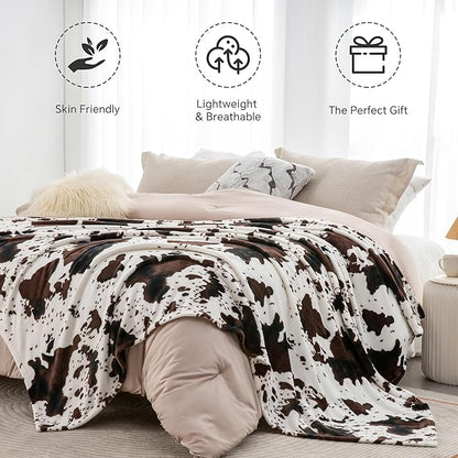 BEDELITE Cow Print Throw Blanket Twin Size for Couch & Bed, 300GSM Cute Plush Cozy Fuzzy Blanket 60x80 inches, Super Soft Warm Lightweight Throw Blanket for Travel Camping, Brown