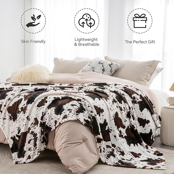 BEDELITE Cow Print Throw Blanket for Couch & Bed, 300GSM Cute Luxury Plush Cozy Fuzzy Blanket 50" x 60", Super Soft Warm Lightweight Throw Blanket for Travel Camping, Brown