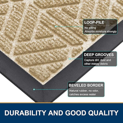Smiry Front Door Mat Outside Entrance, Heavy Duty Sturdy Natural Rubber Doormat, Trap Dirt and Moisture, Easy Clean Low Profile Mats for Indoor Outdoor Entry, Grid Geometric (71x23, Beige)