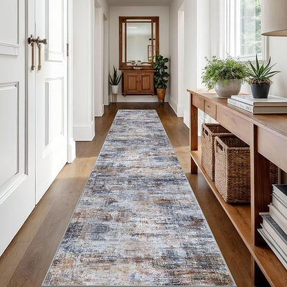 IOHOUZE Abstract Runner Rug 2x12 Ft Washable Runners for Hallways, Non Slip Kitchen Runner Printed Faux Wool Entryway Runner Indoor, Modern Abstract Floor Carpet for Hall Kitchen, Orange Grey