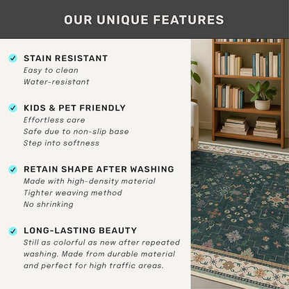 Hazo Haus Vintage 2x7 Washable Runner Rug Non Slip for Kitchen, Bathroom, Hallway - Low Pile Stain Resistant 7ft Long Runner Rugs - Victorian Eclectic Floral Pastel Home Decor (2x7 Dark Green)