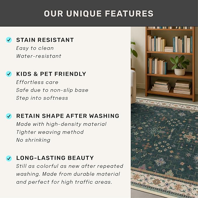 Hazo Haus Vintage Dark Green 6x9 Dining Room Rugs for Under Kitchen Table - Washable Livinig Room Rug - Unique Floral Pastel Low Pile Non-Slip Large Area Rugs for Bedroom