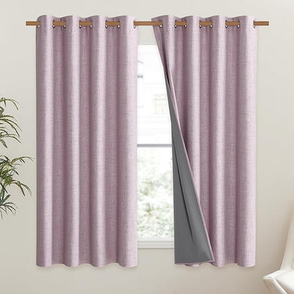 NICETOWN Pink Vintage Linen 100% Blackout Curtains for Living Room, Thermal Insulated Curtains 63" Long, Noise Reducing Window Treatment Drapes for Hall Room, 52" Wide Per Panel, Set of 2