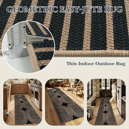 Lahome Enfys Modern Geometric Black Runner Rug, 2x8 Indoor Outdoor Hallway Kitchen Runner Rug with Rubber Backing, Farmhouse Washable Non Slip Non Shedding Floor Carpet for Bedroom Entry Patio