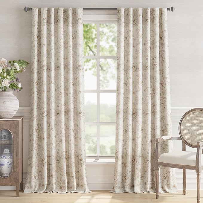 jinchan Floral Linen Curtains for Living Room 96 Inch Length Taupe Flower Curtain Rod Pocket Back Tab Farmhouse Curtains with Printed Floral Bedroom Window Curtain Set, 2 Panels Taupe