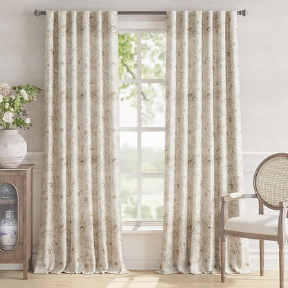 jinchan Floral Linen Curtains for Living Room 96 Inch Length Taupe Flower Curtain Rod Pocket Back Tab Farmhouse Curtains with Printed Floral Bedroom Window Curtain Set, 2 Panels Taupe