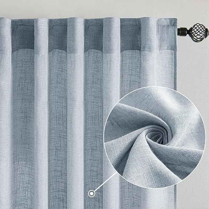 MIULEE Chambray Blue Linen Curtains 108 Inches Long 2 Panels for Bedroom Living Room, Soft Linen Textured Window Drapes Semi Sheer Light Filtering Back Tab Rod Pocket Farmhouse Burlap Look Decor