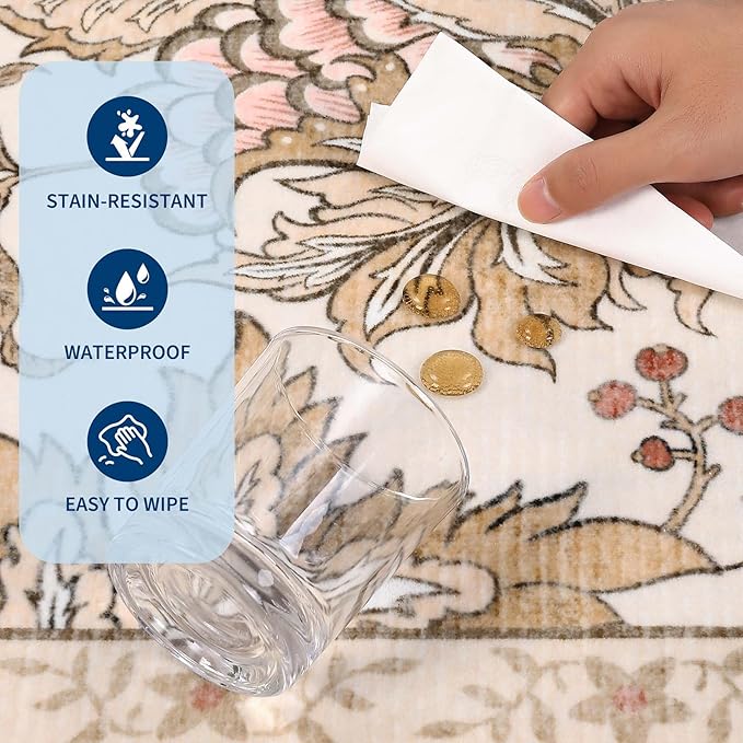 GarveeHome Provence 8x10 Area Rugs for Living Room, Botanical Grove Pink Brown Scroll Cottagecore Washable Rug for Bedroom Dining Nursery Low-Pile Vintage Large Carpet