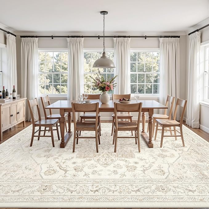 5x7 Area Rugs for Living Room: Vintage Boho Neutral Washable Rug Indoor Soft Large Area Rug Carpet for Bedroom Nursery Farmhouse Dining Room Office Floor Non-Slip Low Pile Under Table Rug Beige White