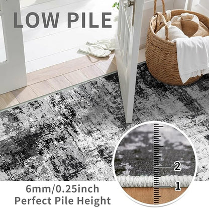 2x3 Small Washable Area Rug: Non-Slip Indoor Door Mat for Entrance Doorway Kitchen Bedroom Living Room - Abstract Farmhouse Throw Rug for Modern Home Decor Black Grey