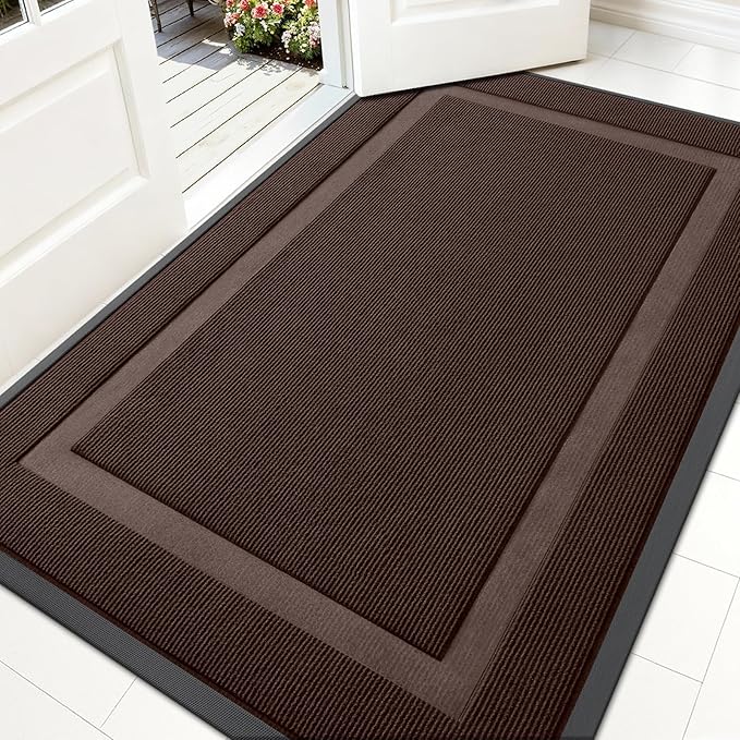 OLANLY Front Door Mat Indoor Outdoor Entrance, Waterproof All-Season, All-Weather Doormat, Sturdy Natural Rubber, Fade Resistant, Low Profile, Easy Clean Patio Porch Entryway Mat, 59x30, Dark Brown