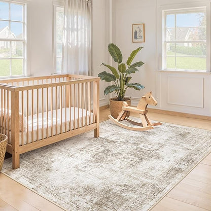 Area Rug 4x6 Washable Rug, Vintage Boho Medallion Rugs Non-Slip Soft Low Pile Distressed Rug Indoor Retro Carpet for Living Room Bedroom Dining Room Home Office (Taupe, 4'x6')