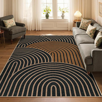 Lahome Enfys Modern Rainbow Easy Jute Carpet, Washable Rugs 5x7 for Living Room Black Farmhouse Dining Room Rug, Contemporary Natural Throw Mat Non Slip Floor Carpet for Office RV Patio