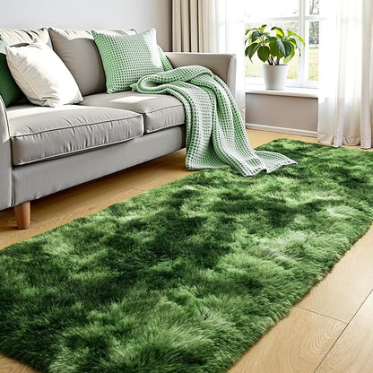 Tepook Soft Runner Rugs for Bedroom 2x6 with Rubber Backing, Tie-Dyed Dark Green Fluffy Rugs for Hallway, Shag Bedside Rug Fuzzy Plush Carpet for Living Room Dorm Nursery Indoor Home Decor