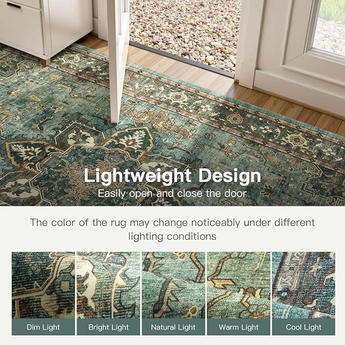 Lofus 2x3 Washable Rug for Entryway Bathroom, Non Slip Kitchen Mats for Floor, Vintage Soft Door Mat Indoor Entrance, Small Area Rugs, Farmhouse Carpet for Entry Living Room Bedroom, Green