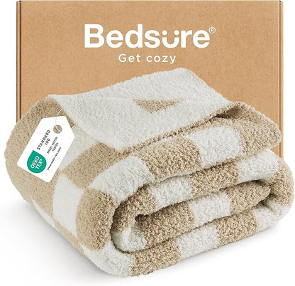 Bedsure GentleSoft Checkered Twin Blanket for Couch, Super Soft Cozy & Warm Knit Throw Blanket, Lightweight & Fluffy Plaid Blankets for Bedding, Sofa, Gifts for Women Men, Beige, 60x80 Inches