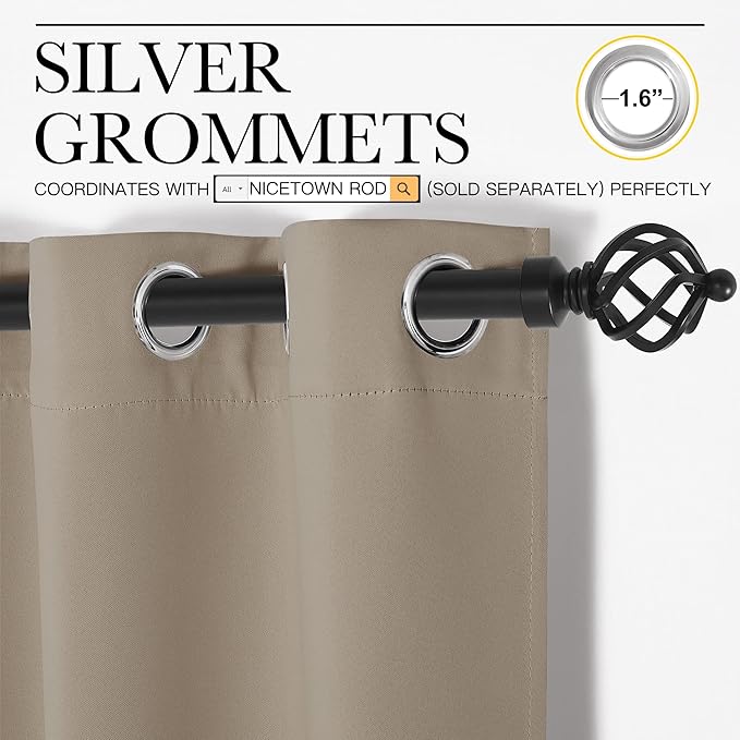 NICETOWN Taupe Room Darkening Curtains for Kitchen, Window Treatment Thermal Insulated Solid Grommet Room Darkening Curtains/Drapes for Bedroom (Set of 2, 42 inches Wide by 68 inches Long)