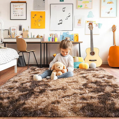 Pionblank Super Fluffy Brown Rug for Bedroom 5x7, Modern Indoor Shag Carpet, Soft Plush Non Slip Rugs for Living Room Kids Room Cloakroom Home Decor, Tie-Dyed Coffee
