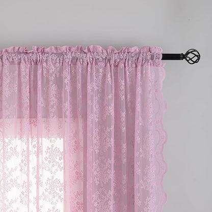 YJ YANJUN Vintage Lace Curtains 96 Inches Long-Victorian Floral Pattern Lilac Sheer Curtain Panels for Living Room Bedroom,Light Filtering, Cute Girls Drapes 2 Panels 52W x 96L Purple Blush