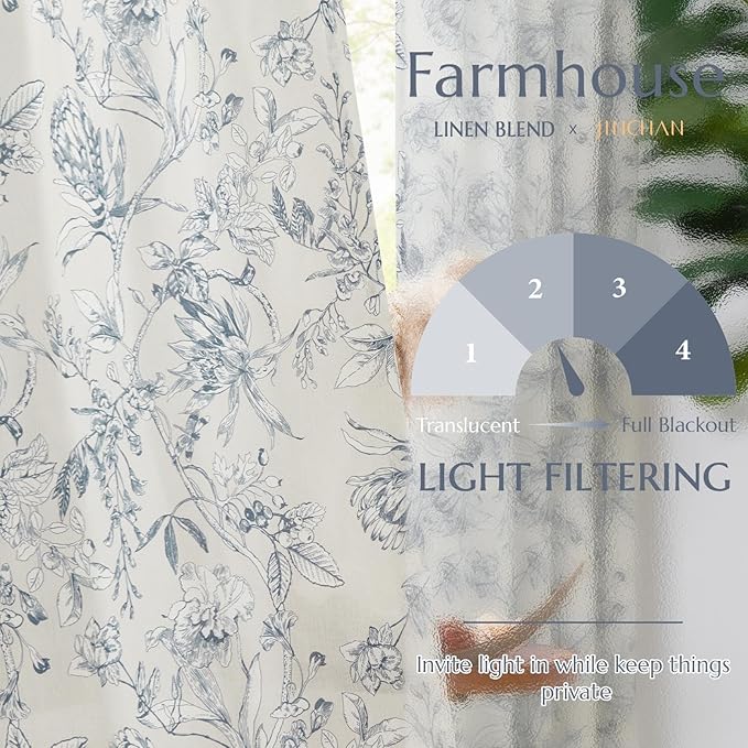 jinchan Floral Curtains 84 Inches Long Blue Flower Linen Farmhouse Curtain for Living Room French Country Vintage Curtain Rod Pocket Curtains Set 2 Panels Blue Floral Printed