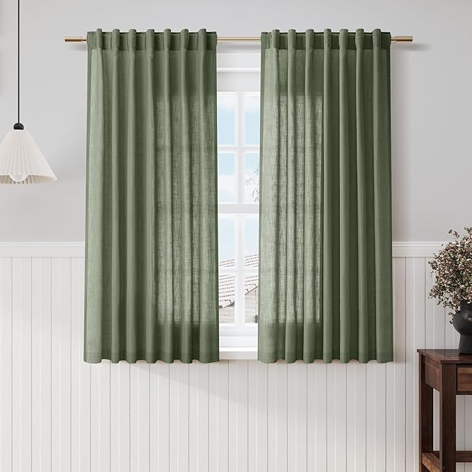 Olive Green Linen Curtains 60 Inch Length 2 Panel Set Back Tab Rod Pocket Semi Sheer Light Filtering Short Curtain Farmhosue Country Style Bay Window for Living Room Bedroom 52x60