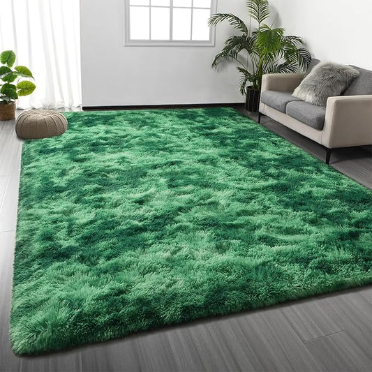 Deerhoo Large Shag Area Rugs 8 x 10, Plush Fuzzy Rugs for Living Room, Ultra Soft Fluffy Furry Rug for Bedroom, Indoor Carpet Nursery Rugs for Kids Room Home Decor, Tie-Dyed Emerald Green