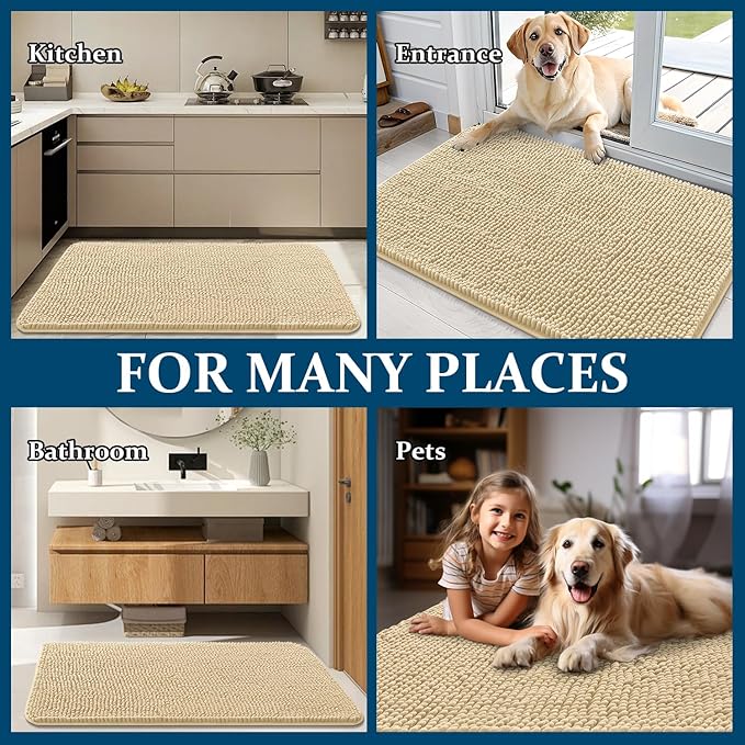 OLANLY Dog Door Mat for Muddy Paws 47x32, Absorbs Moisture and Dirt, Absorbent Non-Slip Washable Doormat, Quick Dry Chenille Mud Mat for Dogs, Entry Indoor Entryway Carpet for Inside Floor, Sand