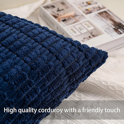 Pack of 2 Corduroy Decorative Throw Pillow Covers 26x26 InchSoft Striped Pillow Covers Modern Farmhouse Home Decor for Sofa Living Room Couch Bed（Blue）