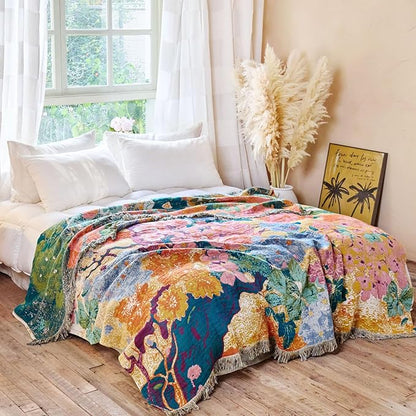 MSGKV Boho Throw Blanket for Couch 50"x60" Cotton Floral Blankets for Sofa Chair Spring Breathable Farmhouse Home Decor All Seasons Lightweight Muslin