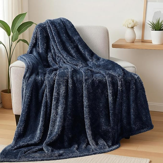 Exclusivo Mezcla Plush Fuzzy Fleece Throw Blanket Extra Large, Super Soft, Fluffy and Warm Blankets for Couch, Bed, All Season (Navy Blue, 50x70 inches)