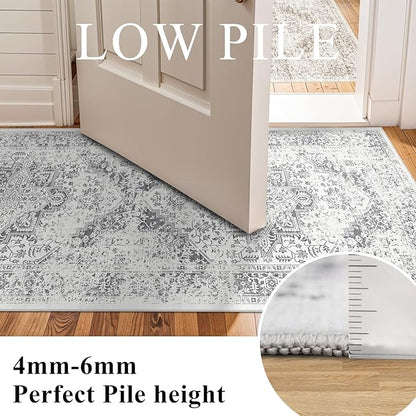 Washable 2'6''x12' Runner Rug - Non-Slip Vintage Runner Rug for Entryway Low-Pile Medallion Long Rugs for Hallway Waterproof Traditional Runner Rugs Indoor Thin Rug for Kitchen Grey