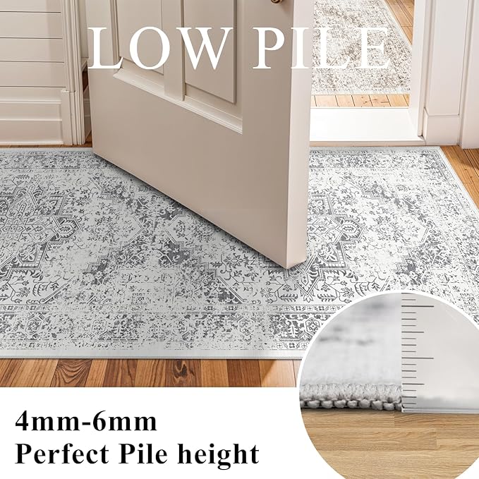Washable 2'6''x8' Runner Rug - Non-Slip Vintage Runner Rug for Entryway Low-Pile Medallion Long Rugs for Hallway Waterproof Traditional Runner Rugs Indoor Thin Rug for Kitchen (Grey)