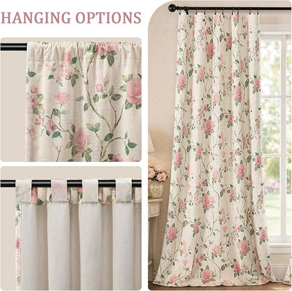 Vintage Floral Blackout Curtains 84 Inch, 2 Panels Spring Linen Texture Farmhouse Drapes for Living Room Bedroom Printed Flower Design Rod Pocket