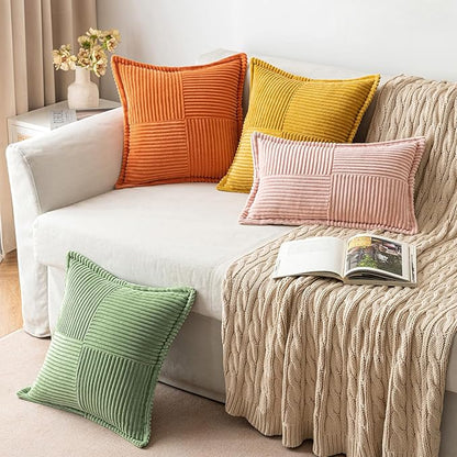 MIULEE Orange Decorative Throw Pillow Covers for Couch Bed Livingroom 18x18 Inch Set of 2 Boho Accent Throw Pllows Broadside Striped Patchwork Soft Corduroy Pillowcases