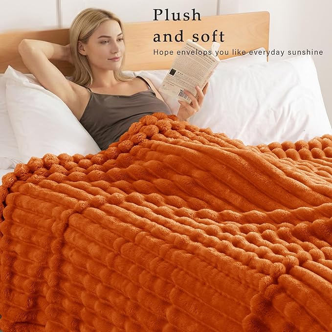 Exclusivo Mezcla Twin Size Flannel Fleece Blanket, Super Soft Striped Jacquard Bed Blanket, Lightweight Fuzzy Cozy for All Seasons, 60x80 Inches, Burnt Orange