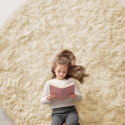 OLANLY Cream Round Rugs for Bedroom - Machine Washable, 7 ft Circle Area Rugs for Living Room, Soft and Fluffy Shaggy Carpet for Teen Girl and Boys, Nursery Rooms, Dorms, Home Decor Aesthetic