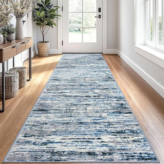 Lansny Modern Abstract Runner Rug 2.6x10, Grey Blue White Washable Long Kitchen Runner Non-Slip Soft Hallway Rug Runner Thin Print Faux Wool Carpet for Entryway Bedroom Laundry Room Indoor Home Decor