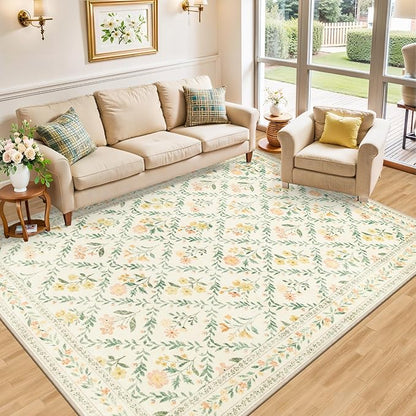 6x9 Area Rugs for Living Room: Floral Washable Rug Vintage Large Soft Boho Non-Slip Carpet Indoor Stain Resistant Thin Carpets for Bedroom Dining Room Farmhouse Nursery Hallway Home Office Beige/Multi