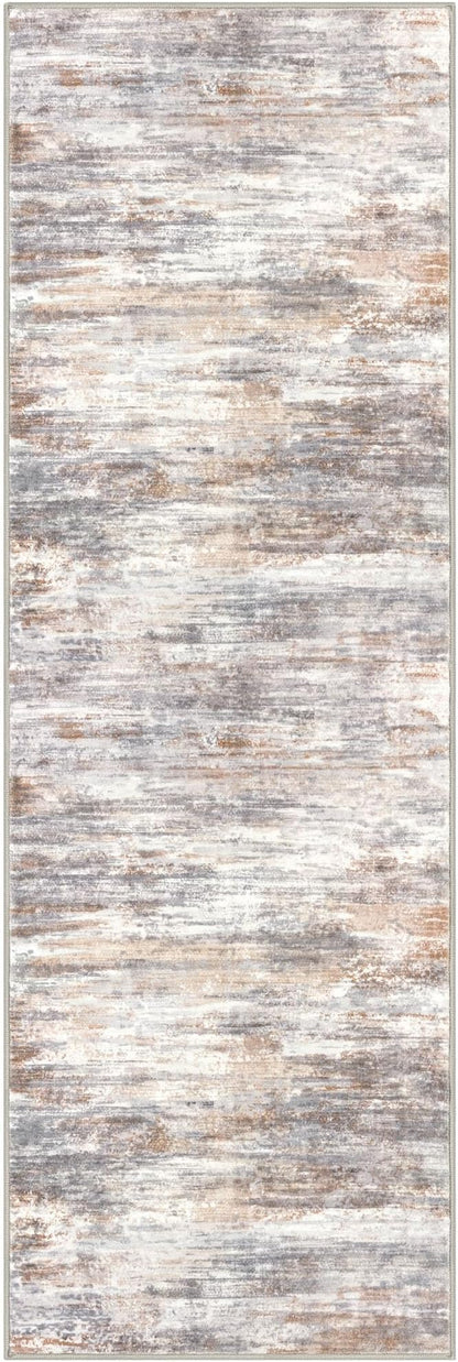 KOZYFLY Modern Abstract Hallway Runner Rug, 2.6x8 Washable Rug Runner Non-Slip Soft Striped Kitchen Runner Rugs, Print Multi Grey/Orange Carpet Runner for Entryway Bathroom