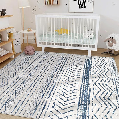 Nakagishi 5x7 Area Rug Living Room: Machine Washable Boho Large Neutral Farmhouse Stain Resistant Indoor Floor Rugs Moroccan Carpet for Bedroom Nursery Dorm Classroom Playroom Dining Room- Navy Blue