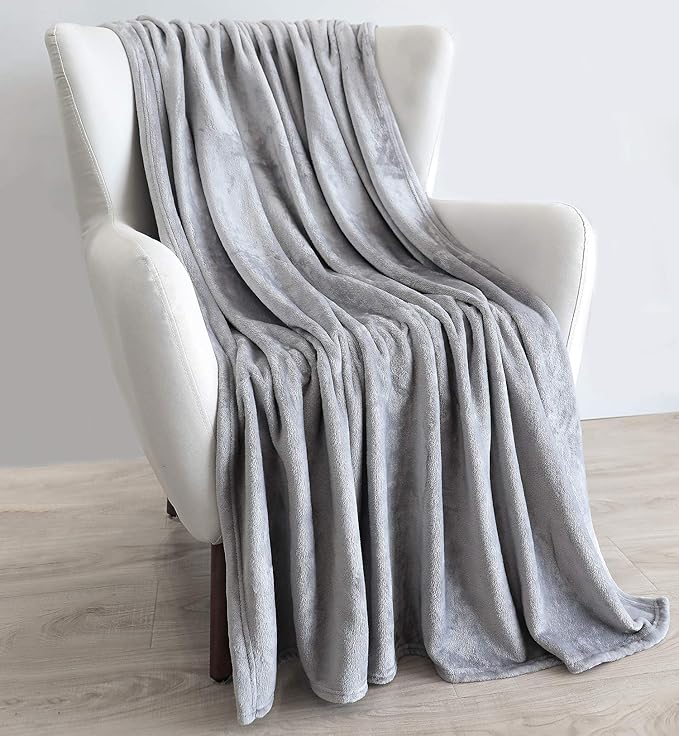 TASTHROW Large Flannel Fleece Throw Blanket, 50×70 Inch - Cozy Lightweight Thick Blanket - All Seasons Suitable for Women, Men and Kids (Light Grey)