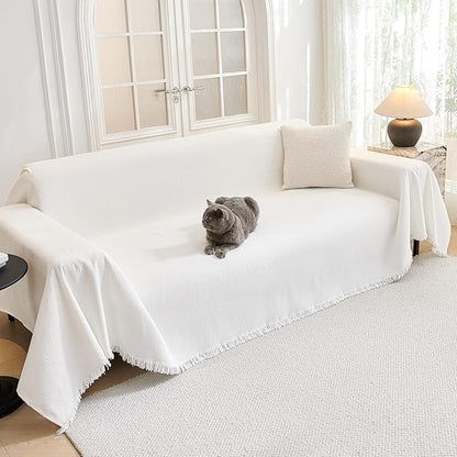 MYSKY HOME Couch Covers for Pets Thick Chenille White Cream Sofa Slipcover with Tassel Non Slip Soft Couch Sofa Cover, Washable Furniture Protector Sofa Slipcover with Tassel for Kids, Dogs, 91"x118"